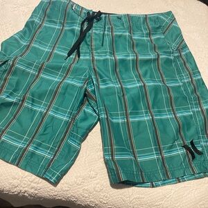 Hurley Teal Plaid Men's Board Shorts Lined Sz 36. Inseam 10